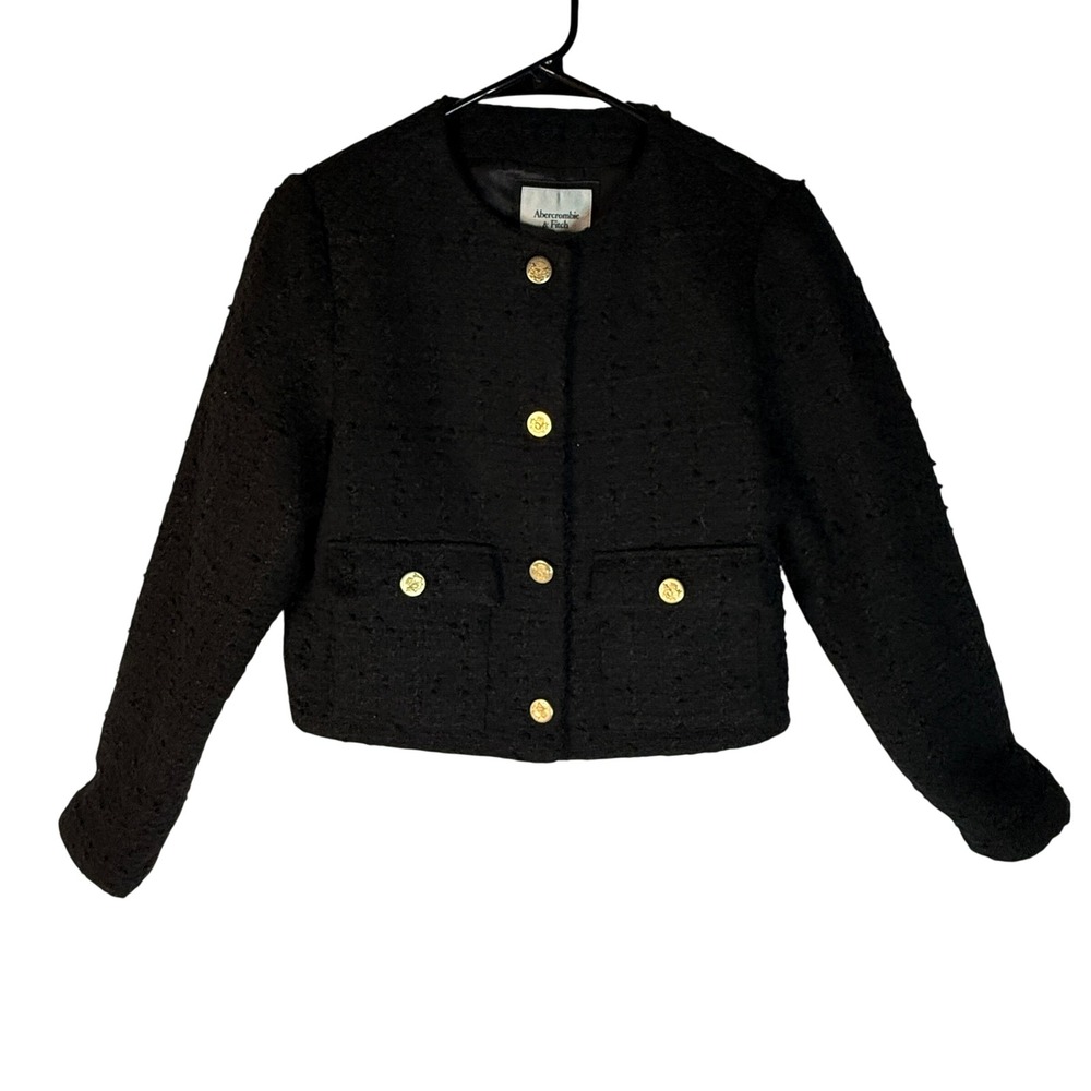 Black Abercrombie Fitch Collarless Tweed Jacket Wool Blend Boucle Small